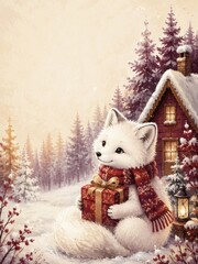 Fototapeta premium Cute white fox with gift beside snowy forest cottage