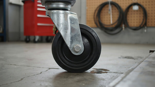 Black industrial caster wheel on textured concrete surface keywords: caster, wheel, industrial