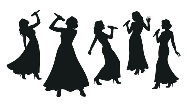 Black silhouettes of elegant female singers holding microphones and performing songs on white background