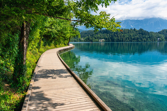 Idyllic summer morning view in Lake Bled, famous tourist destination in Slovenia.