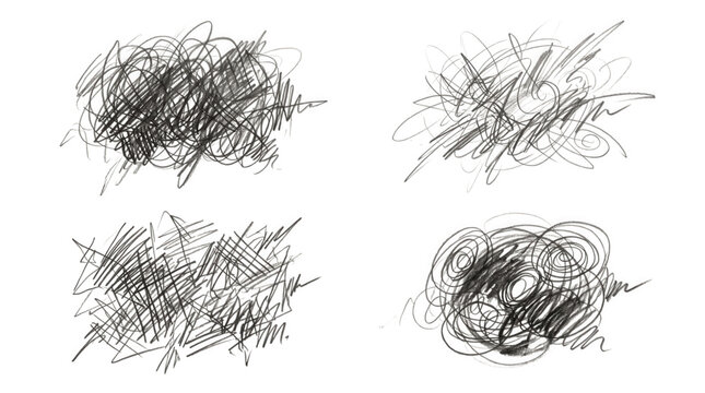Four distinct graphite pencil scribbles created with expressive hand drawn lines