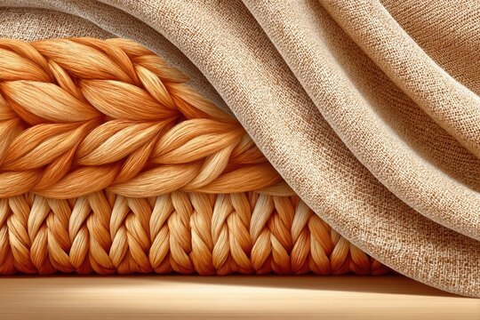 Textured fabric composition featuring woven jute and raffia fibers in warm earth tones on wooden surface, natural material texture