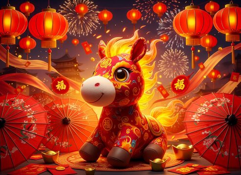 Festive Chinese New Year scene with a cartoon fire horse figurine surrounded by red lanterns, paper umbrellas, gold ingots and blossoms, celebrating the Year of the Horse with prosperity.