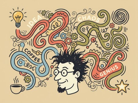 Creativity and brainstorm doodle with coffee and genius chaos