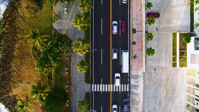 Aerial view of a busy highway on the city's sea coast.Cityscape bathed in soft sunset light. Seaside city, aerial view. City by the ocean in the morning. Cars driving along the waterfront road.