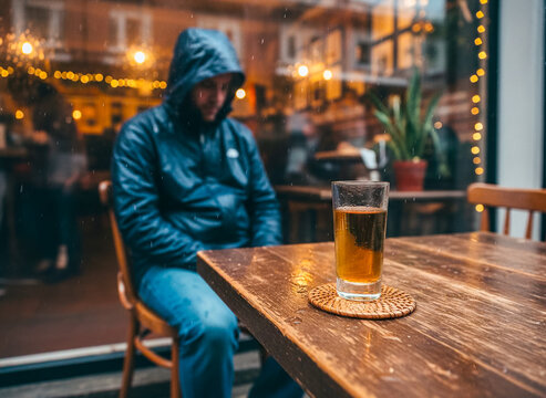 Gloomy man in a hooded jacket sitting alone at a wooden bar table with a glass of beer in front of him, lost in thought in a dimly lit pub, conveying loneliness and sadness.