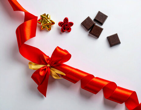 Red satin ribbon wraps a glossy gift roll beside scattered pieces of dark chocolate, neatly arranged on a plain white background for a romantic Valentine gift concept.