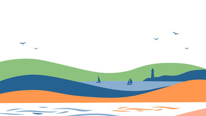 Minimalist coastal landscape illustration with rolling hills, calm sea, sailing boats, and lighthouse under a bright sky, ideal for travel, summer, and vacation themes. © MUSMORIOM
