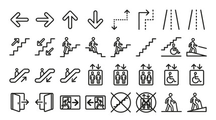 Fototapeta premium Minimalist black outline directional icons featuring arrows, stairs, elevators, ramps, and emergency exit signs
