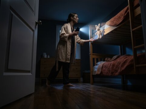 Mother checking on sleeping child in a dark bunk bed bedroom at night