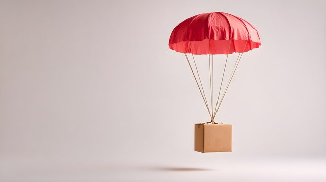single cardboard box descending under red parachute on white