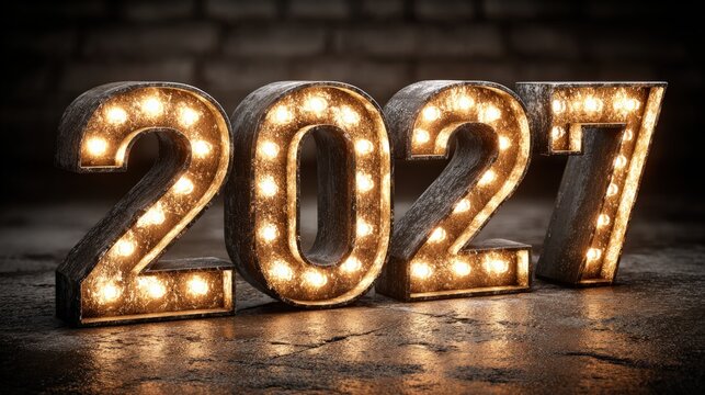 The year 2027 illuminated by warm, vintage marquee lights, stands boldly on a textured, weathered surface. ..Created with Generative AI, not depicting real subjects.