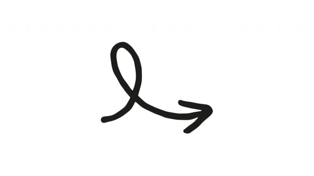 Curved Arrow For Direction And Navigation Hand-Drawn Doodle Animation With Alpha Channel. Pointer Symbol And Route Guidance, Transparent Background. 4K Loop Hand Drawn Icon.