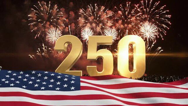 250th anniversary usa celebration with golden numbers, waving american flag, and fireworks background