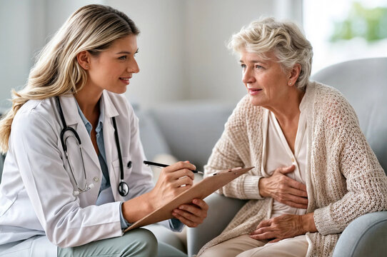 Female doctor listens to an elderly woman's complaints of heart pain. Doctor's appointment, cardiovascular diseases concept. Lifestyle portrait for commercial poster
