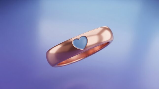 Rose gold ring with a blue heart shaped inlay isolated on a soft purple background 3D render