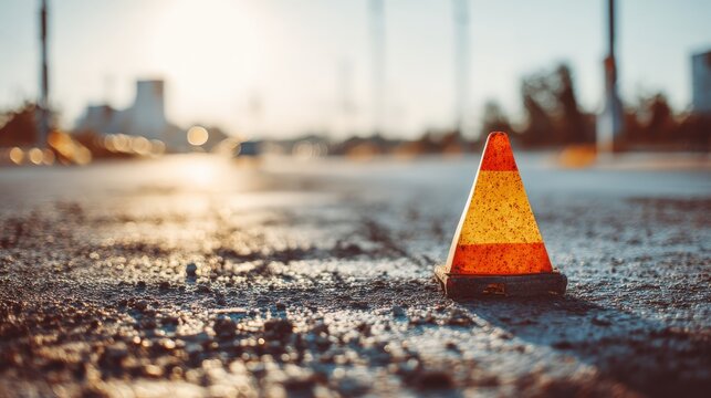 A bright orange traffic cone sits on an asphalt road, bathed in the warm, hazy glow of a setting sun. ..Created with Generative AI, not depicting real subjects.