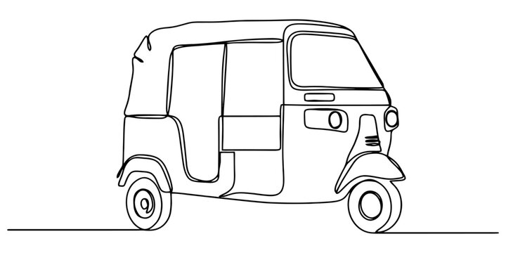Auto rickshaw tuk tuk vehicle black line drawing represents asian public transport and urban city commuting lifestyle.
