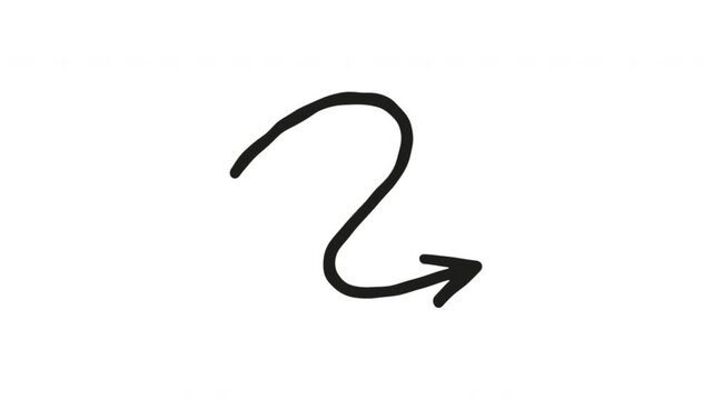 Curved Arrow For Direction And Navigation Hand-Drawn Wiggle Doodle Animation With Alpha Channel. Directional Arrow And Movement Guide, Transparent Background. 4K Loop Hand Drawn Icon.