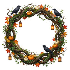 Obraz premium Circular autumn halloween wreath with twisted branches pumpkins and ravens isolated on transparent background