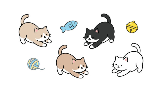 Cute cartoon cats playing and stretching vector illustration set. Domestic kittens, yarn ball, toy fish, golden bell, pouncing pose and playful pet elements.