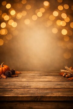Autumn wooden table with pumpkin pinecones leaves and warm golden bokeh lights for thanksgiving background and seasonal banner design