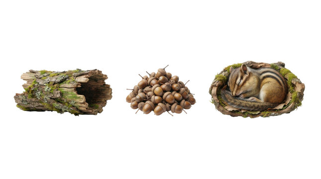 Sleeping striped chipmunk curled in a mossy nest beside acorns and a hollow piece of bark isolated on transparent background