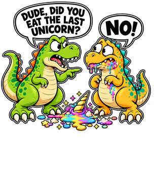 Funny dinosaur eating unicorn cartoon graphic vector illustration featuring cute T-rex monsters and speech bubbles
