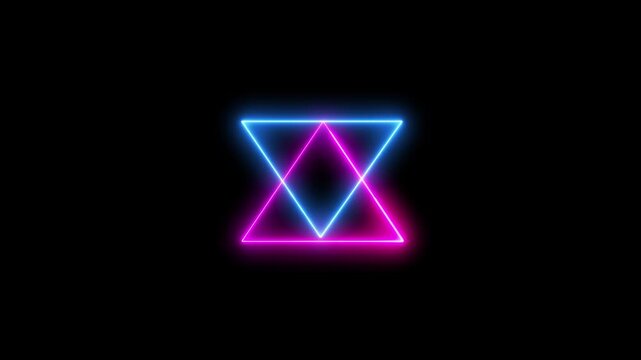 Pink color and blue color double triangle neon icon animation on black background.4k animation