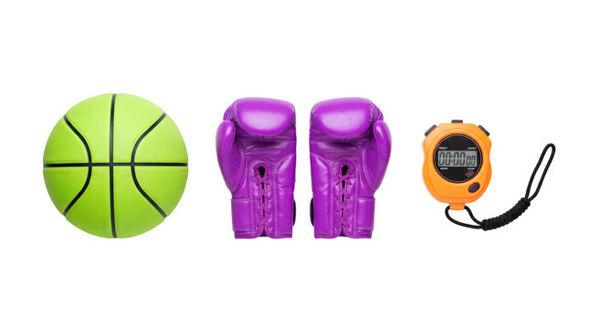Neon sports equipment featuring basketball and purple running shoes isolated on transparent background