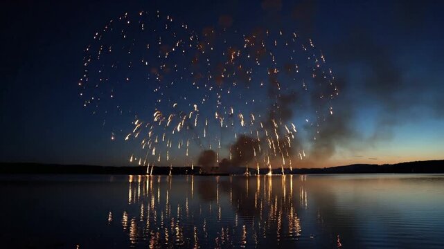 Vibrant heart-shaped fireworks exploding over calm lake water at dusk with light reflections heart shape