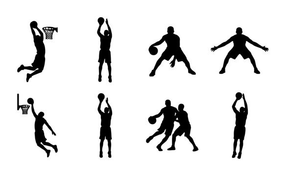Basketball player silhouettes set with dunk, shooting, dribbling and defense poses for sports design