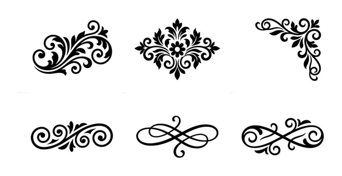Black decorative flourishes set with scrolls and floral elements for design, border and accent