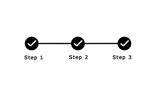 Minimalist Black Step 1 Step 2 Step 3 Progress Bar Animation, Animated Process Time line Checklist Info graphic Icon, Business Success Milestone Time line Visual Isolated on Dark White Background.