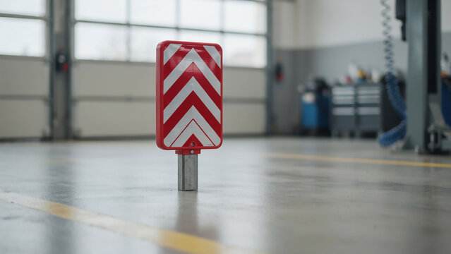 Red and white chevron warning sign on metal pole in workshop keywords: warning sign, chevron
