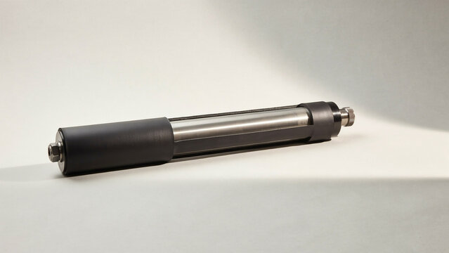 Silver and black gas spring strut with visible mechanism and connector keywords: gas spring