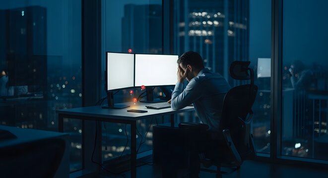 Exhausted Office Worker Experiencing Burnout While Working at Dual Monitors