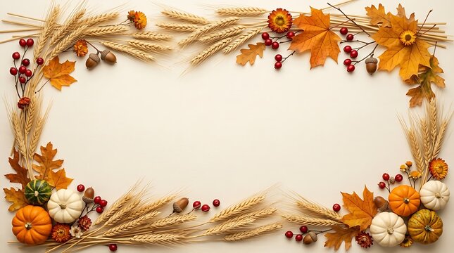 Autumnal frame of pumpkins wheat berries and dried flowers on a neutral background