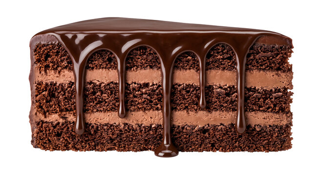 Chocolate cake slice with rich dark fudge dripping sauce sweet bakery dessert for celebration.