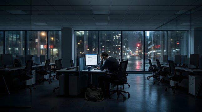 Dark Empty Office Workspace at Night Symbolizing Workplace Stress and Burnout