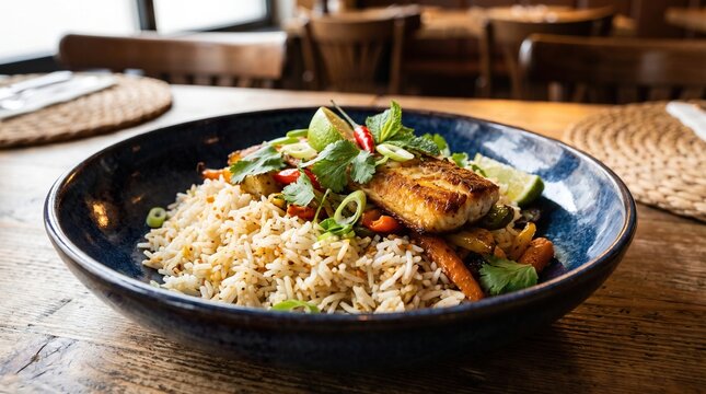 Pan seared fish fillet served over seasoned rice with vegetables and fresh lime on wooden table.