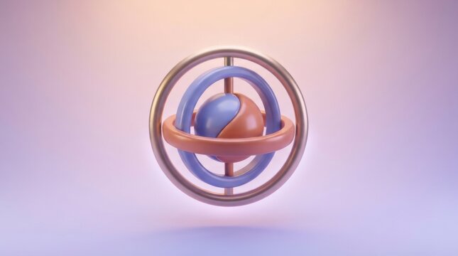Abstract 3D render of a geometric gyroscope with a colorful spherical core and concentric rings against a light purple
