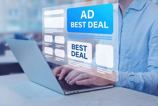 Digital marketing advertising concept, businessman working on laptop with virtual ad best deal display interface screen