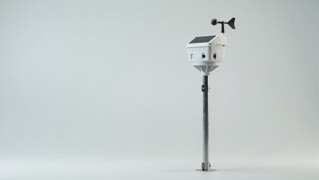 White weather station with solar panel and anemometer on pole keywords: weather station, white