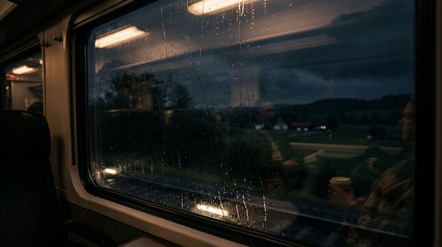 Rainy train window view at dusk with reflections and distant lights