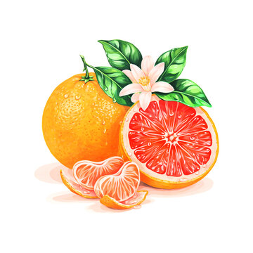 Fresh grapefruit and orange slices with green leaves and flower illustration transparent background