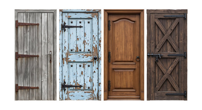 Four different wooden doors rustic weathered old style with metal hinges and handles.