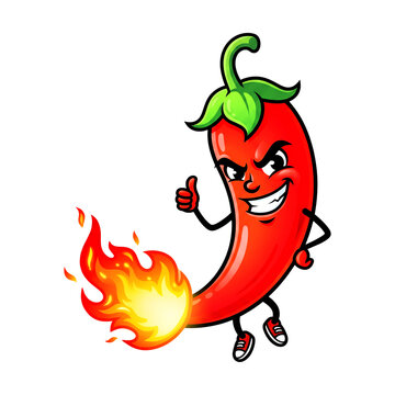 Angry red chili pepper cartoon character with fire and thumbs up transparent background