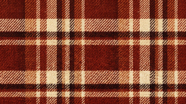 Close up of red and beige tartan plaid fabric textile texture pattern