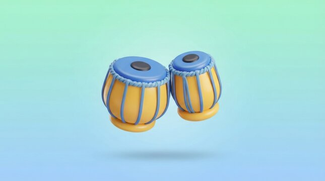 Pair of traditional Indian tabla drums with blue and yellow color scheme isolated on light background